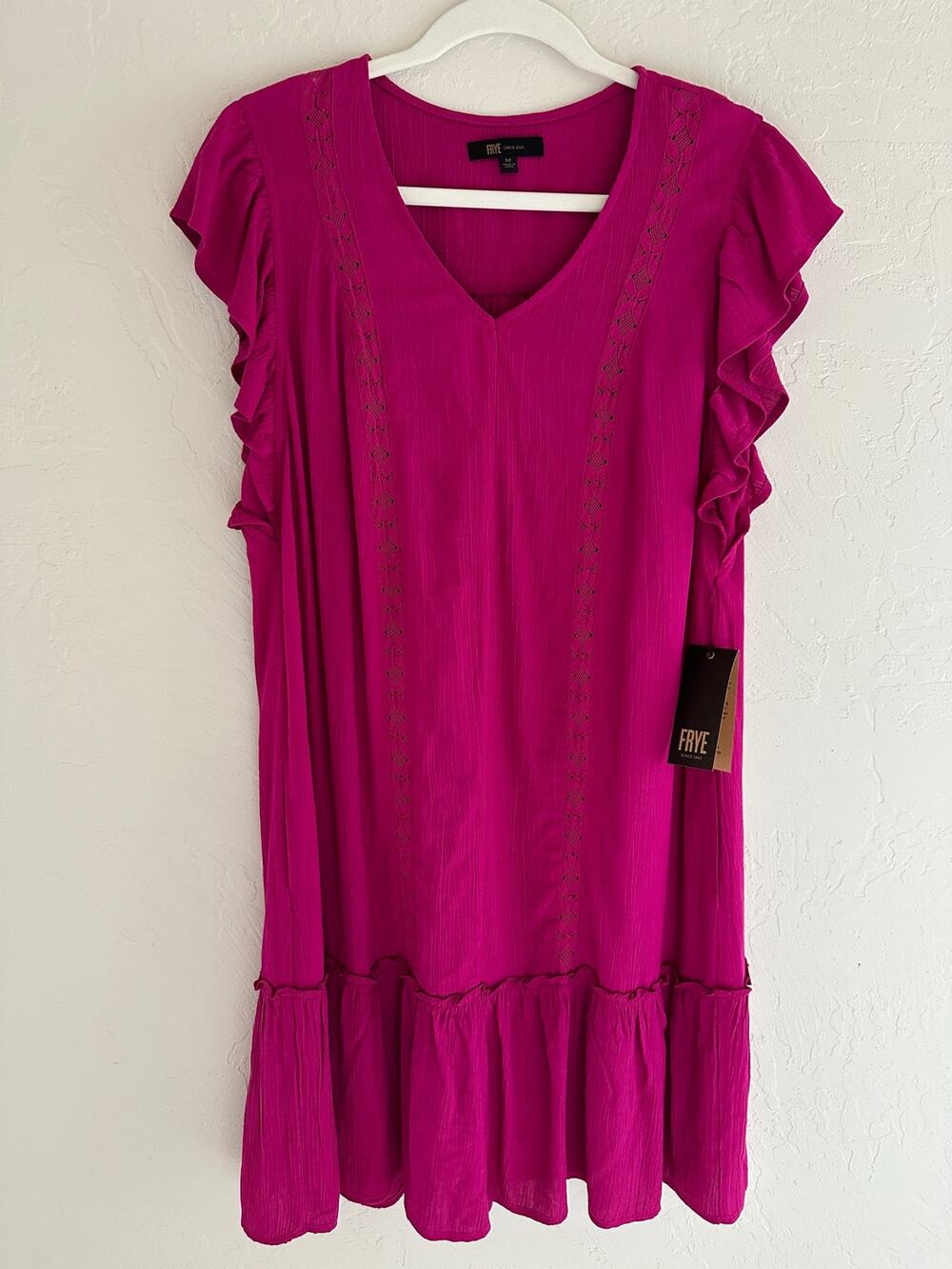 FRYE | Women's V-Neck Ruffle Sleeves Eyelet Drop Waist Dress Pink NEW Medium